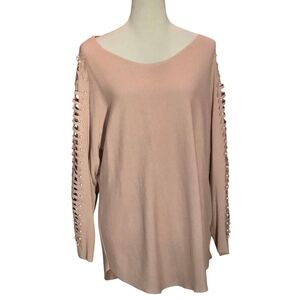 Cactus + Pearl Blush Pink Scoop Neck Sweater w/ Pearl & Lace Sleeves Women L